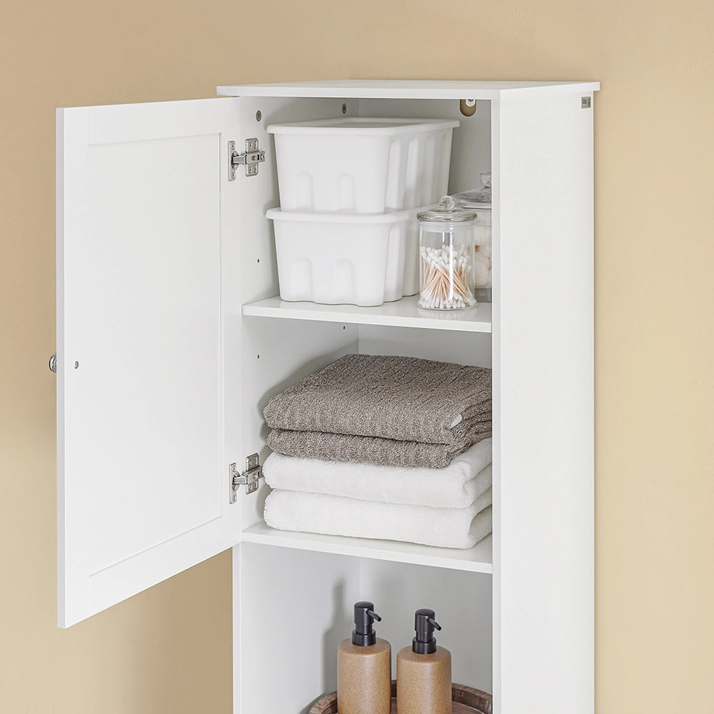 SoBuy Mobile Bagno Salvaspazio Alto con Cesto Portabiancheria 45L – Colonna Bagno Stretto 40x38x180cm con Cassetto in MDF, Ripiano Aperto e Anta Mobiletto per Lavanderia o WC BZR216-W