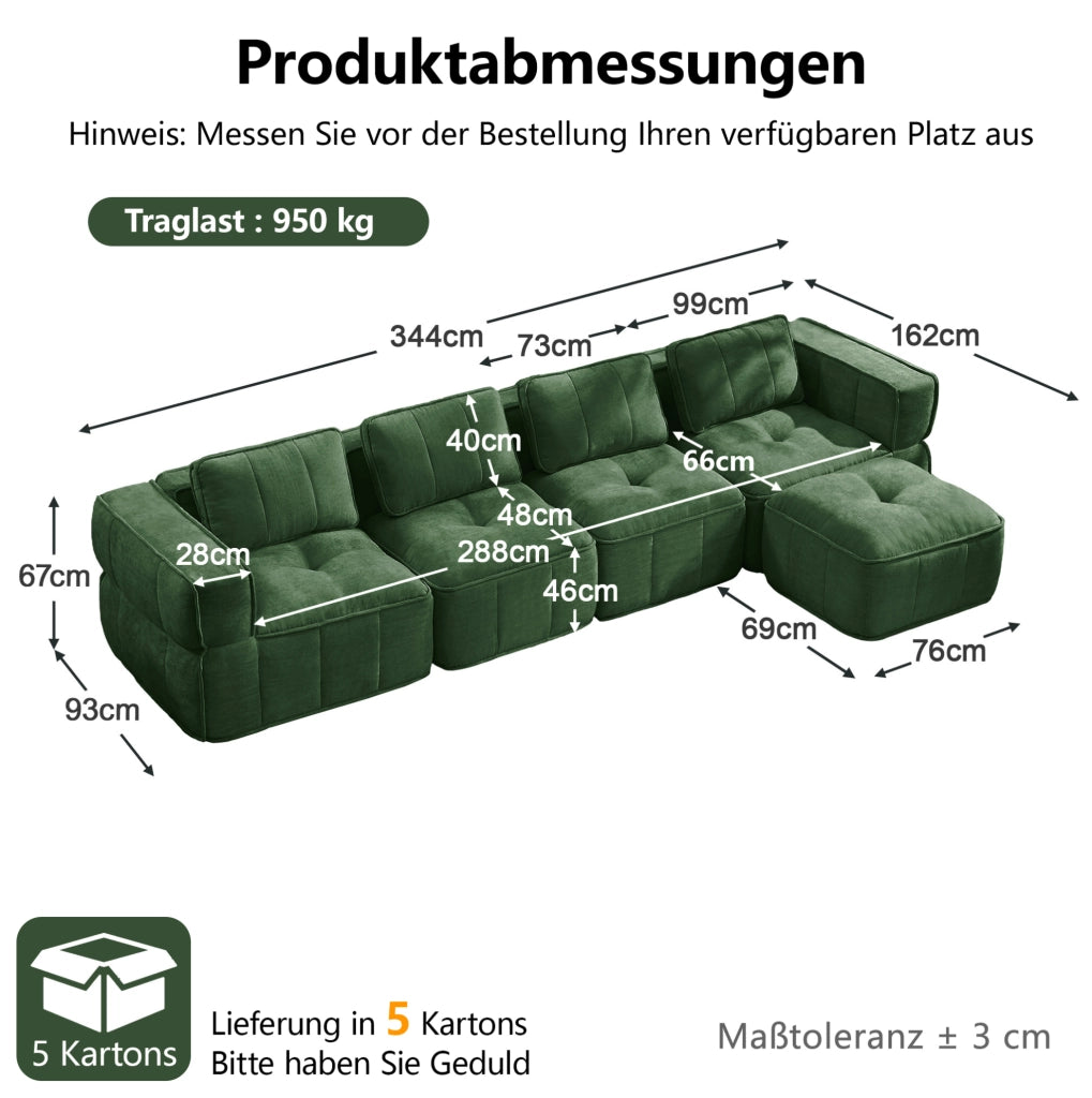 Divano modulare angolare con pouf 344x162x67 cm in poliestere verde; design senza telaio