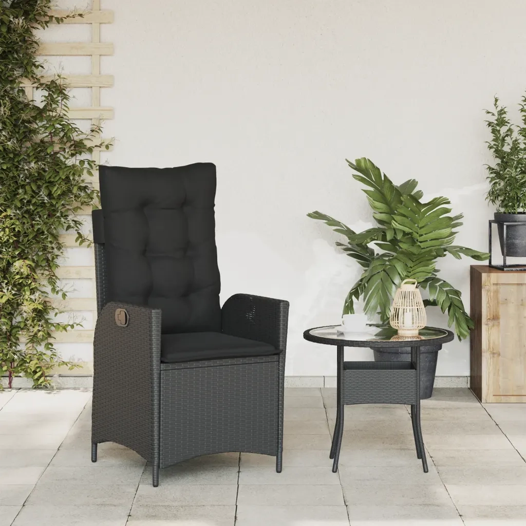 Sedia Reclinabile da Giardino | Sedie da Esterno con Cuscini Nera in Polyrattan