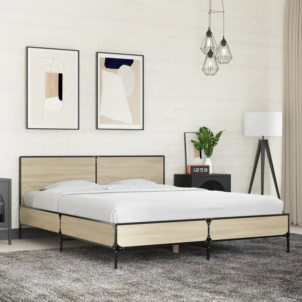 Letto matrimoniale | Letto per adulti | Giroletto Rovere Sonoma 150x200 cm in Legno Multistrato Metallo