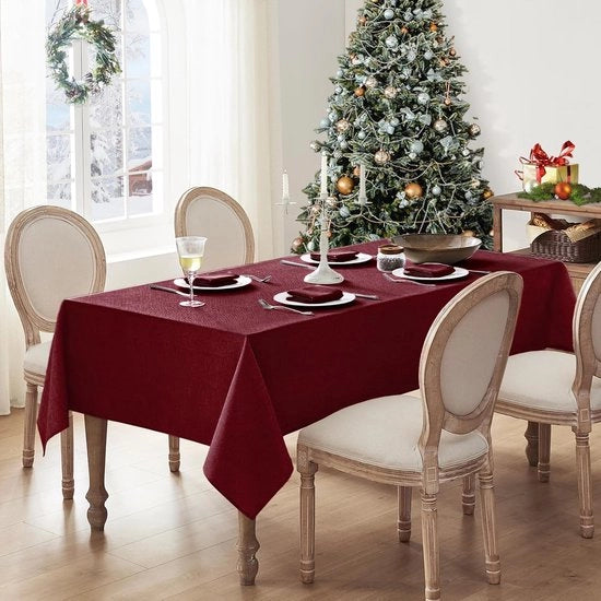 Tappeto di tavolo impermeabile rosso per Natale, dimensioni 100x100 cm, lavabile, stile lino.