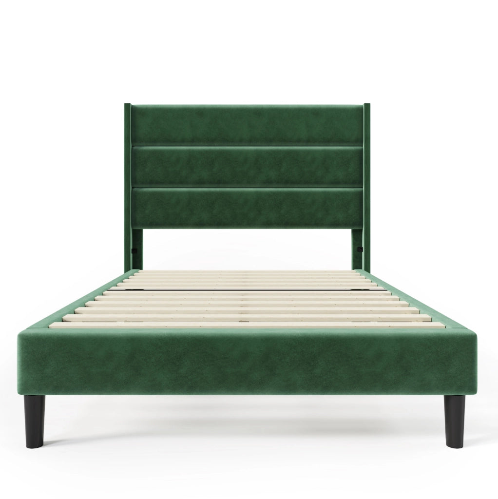 Letto imbottito 90x200 cm con testiera e rete; velluto verde
