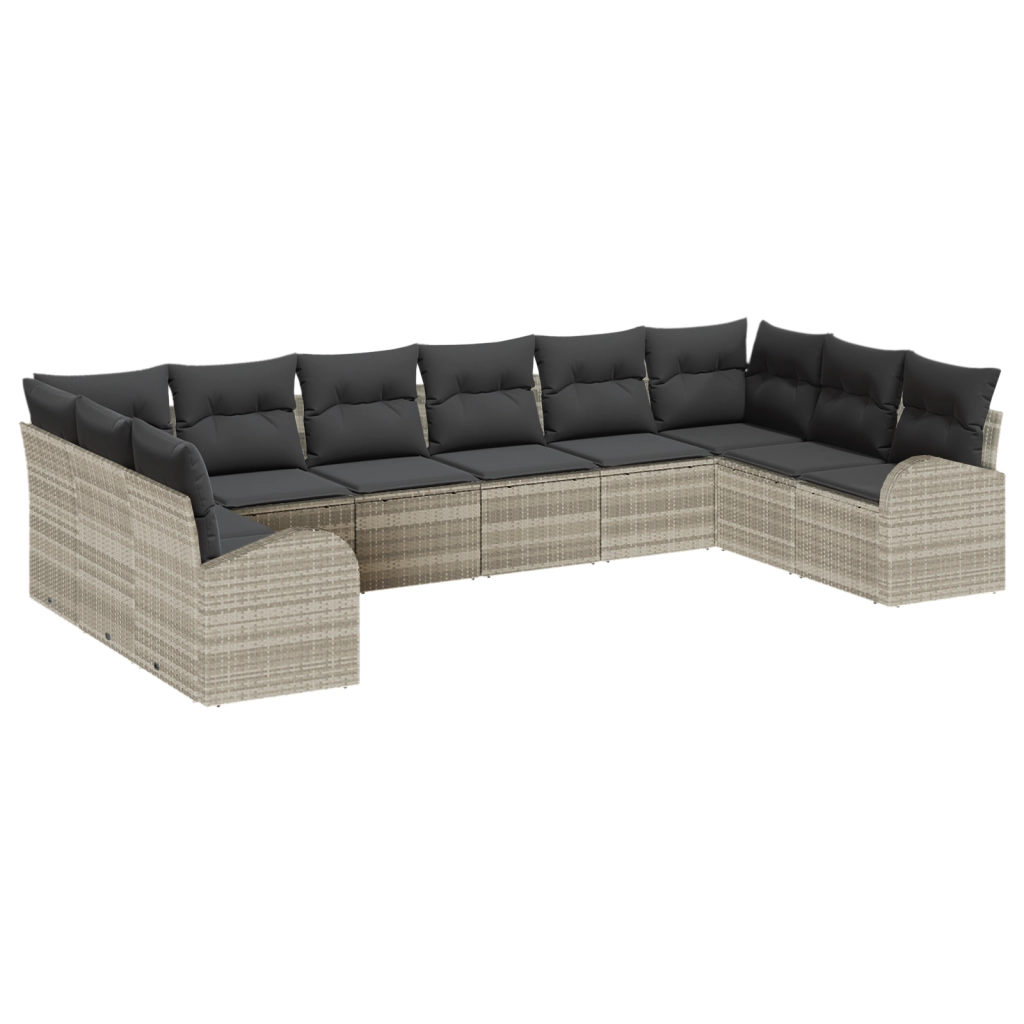 Set di divani da giardino da 10 pezzi con cuscini grigio chiaro in polyrattan
