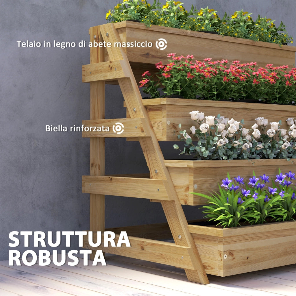 Fioriera Rialzata a 4 Livelli con Fori di Drenaggio e Tessuto non Tessuto, in Legno di Abete, 75x57x60.5 cm