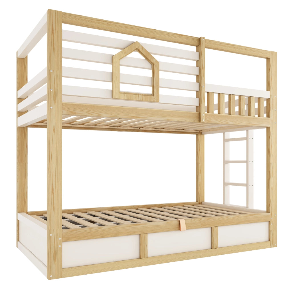 Letto a Castello per Bambini con Contenitore Idraulico ¨C MINIMAL ¨C Bianco/Legno Naturale 90x200