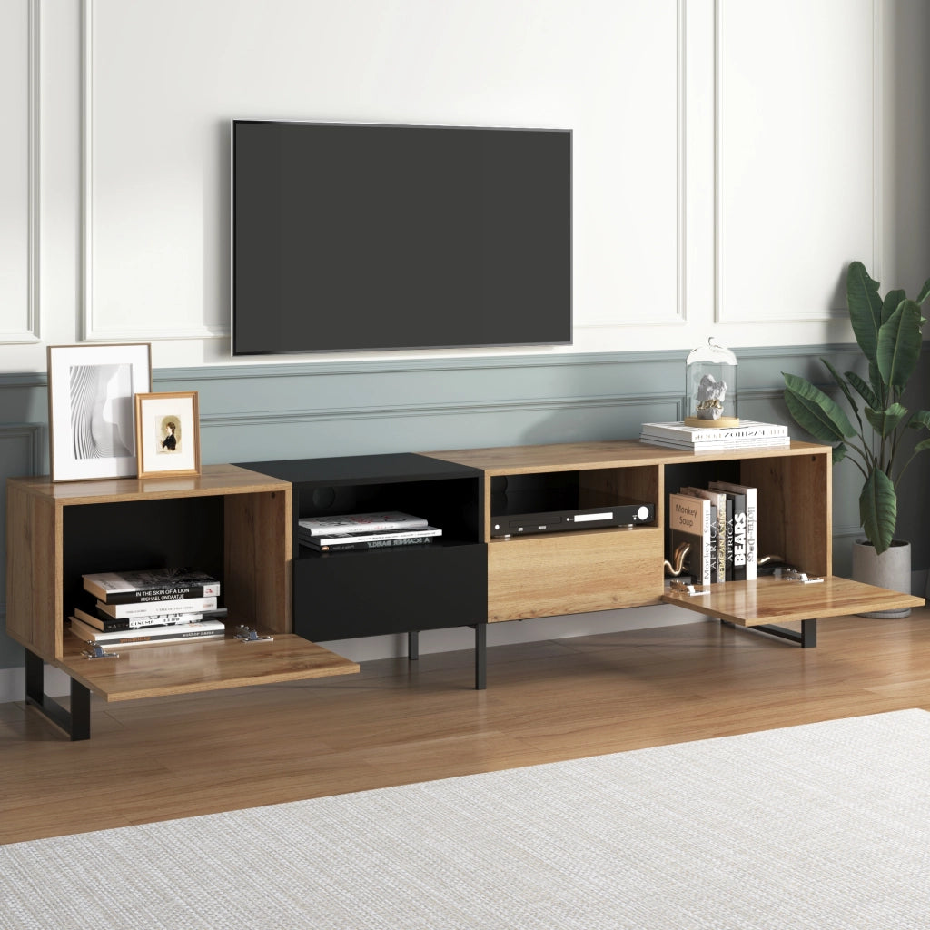 Mobile TV con 2 Ante e 2 Cassetti; Guide 30 cm; Stile Moderno; Soggiorno; 190??38??48 cm; in MDF; Nero e Legno Naturale