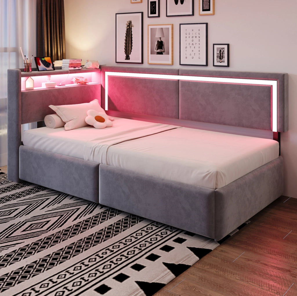 Divano letto imbottito 90x200 cm con contenitore; LED; USB e velluto grigio chiaro