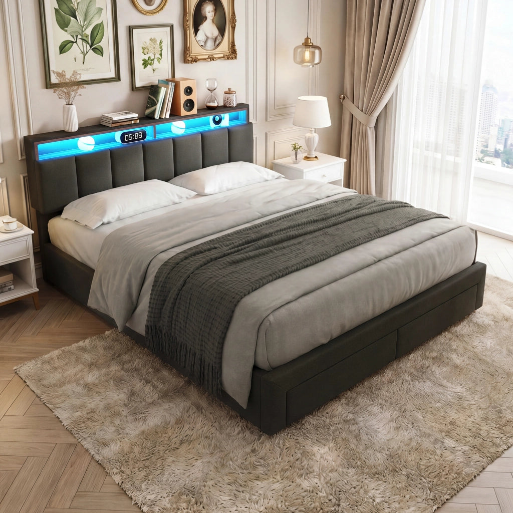 Letto matrimoniale contenitore 180x200 cm con testiera imbottita LED e porta USB struttura letto con cassetti e rete a doghe in lino-grigio