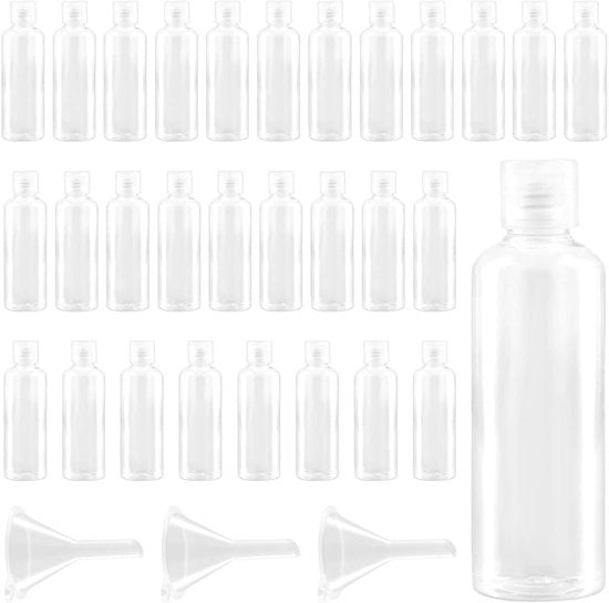 Set di flaconi da viaggio da 30 pezzi 100 ml - Flaconi in plastica portatili - Contenitori vuoti - Bocchette per un flusso preciso di liquido - Disegno di flacone a sblocco - Adatto per cosmetici e cura della pelle - Tubi da viaggio