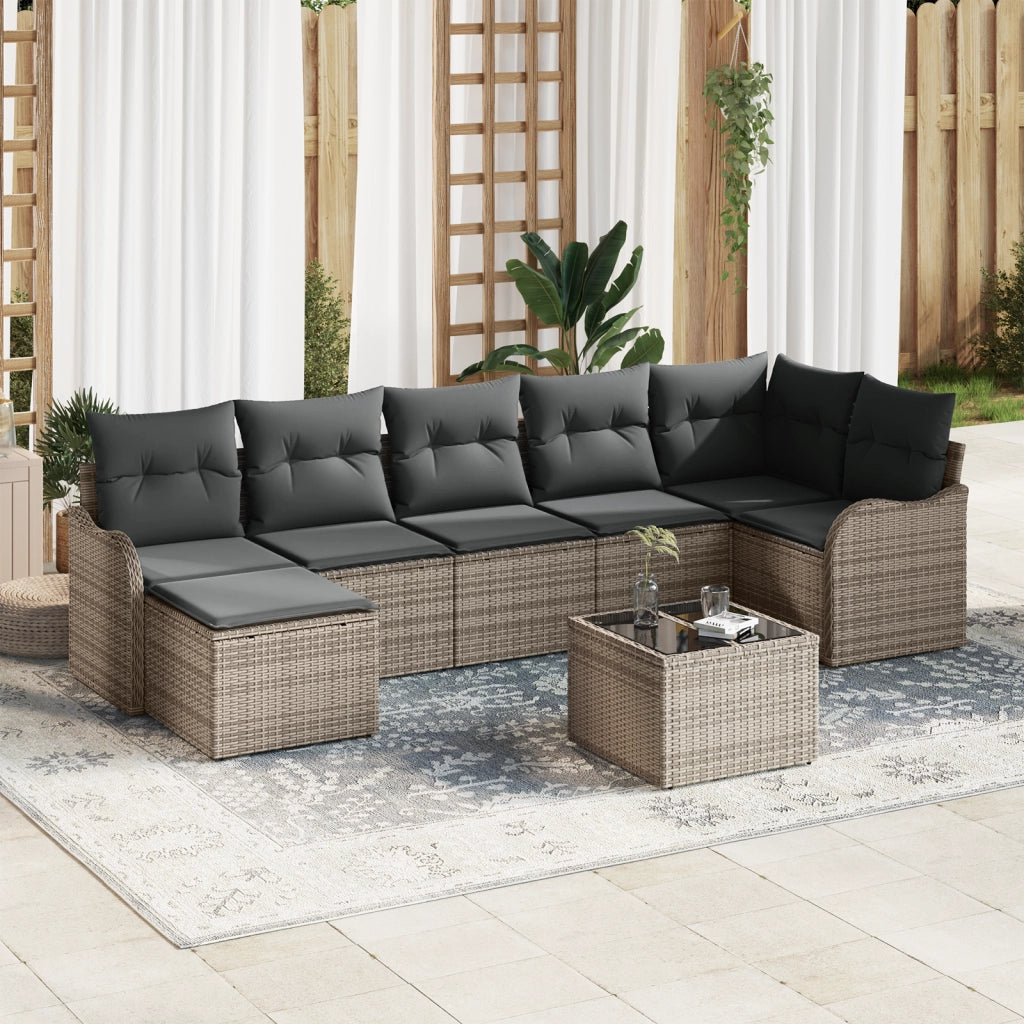 Set da Divano da Giardino da 7 Pezzi con Cuscini Grigio Polyrattan