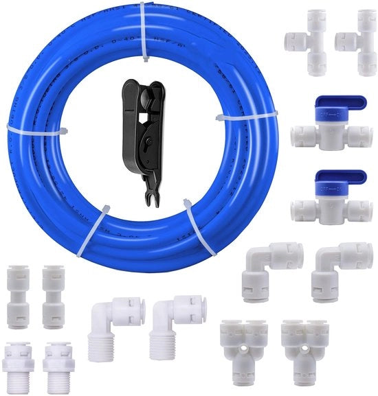 Impianto di collegamento acqua 5 metri - Fissaggio universale per tubi - 14 pezzi di connettori per filtro acqua - Tecnologia Push-Fit - Materiali sicuri per alimenti - Imprigionamento acqua senza perdite - Impianto di collegamento acqua