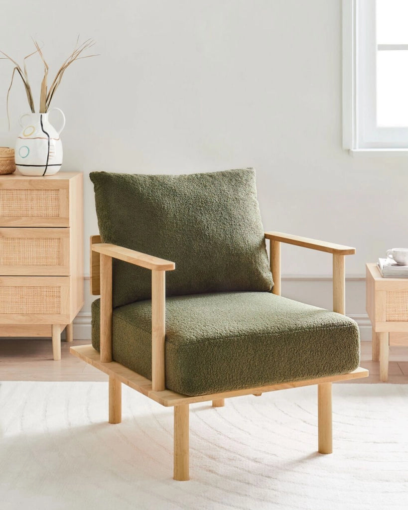 Poltrona Stile minimalista Boucle imbottita Struttura in legno chiaro Verde scuro stile minimalista