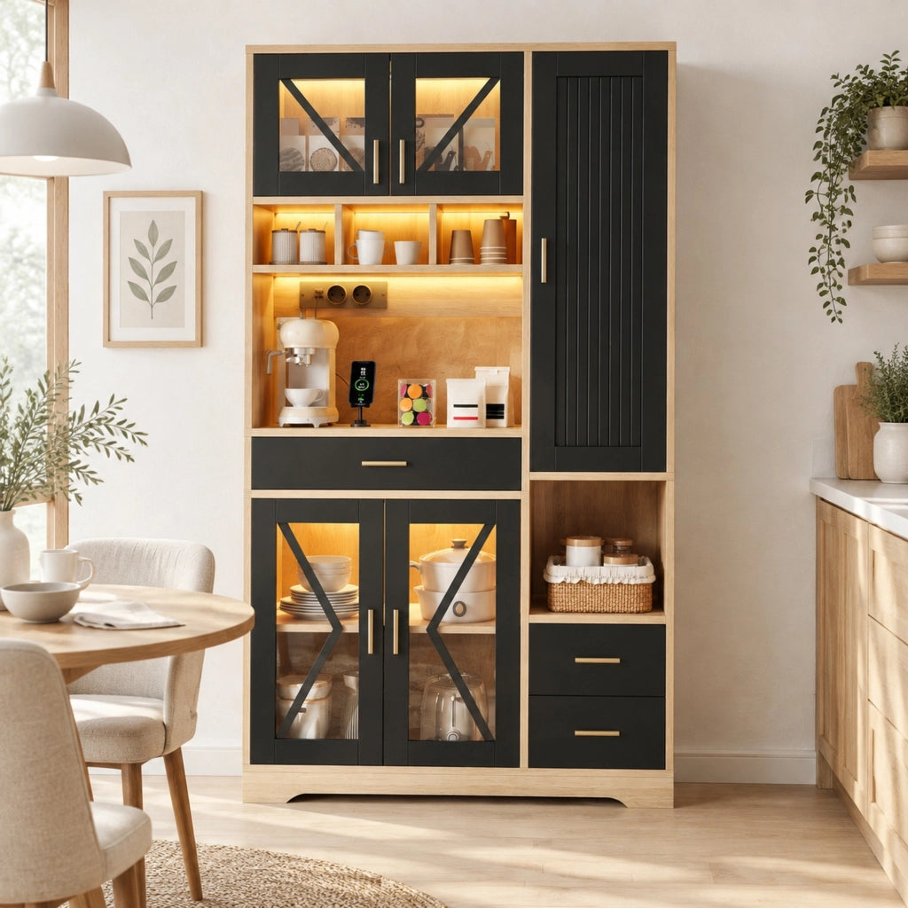 Credenza da cucina 105x40x185 cm nera e naturale in MDF con LED