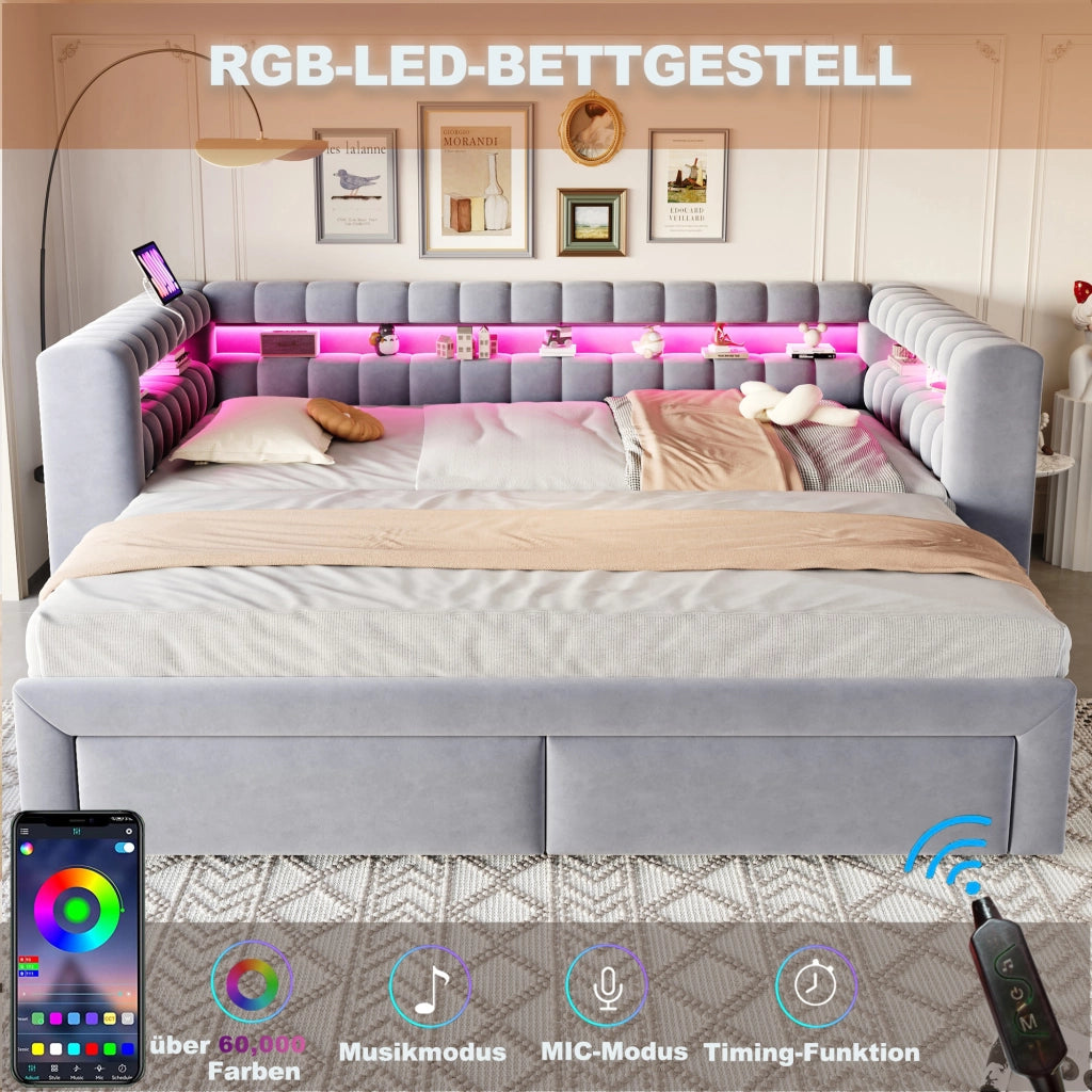 Divano letto con letto estraibile e cassetti, 90/180x190 cm, grigio chiaro