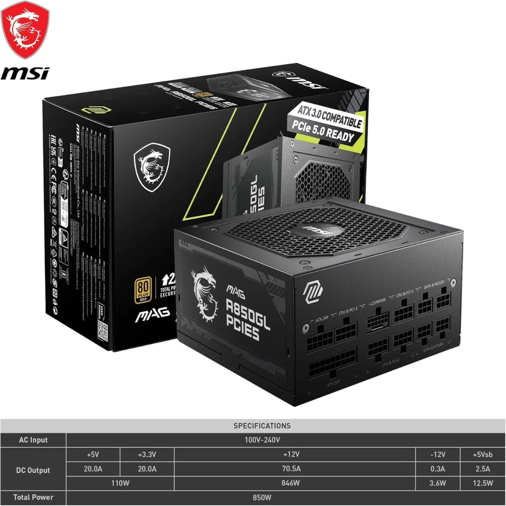 MAG A850GL PCIE5 Alimentatore 850W, 80 Plus Gold, completamente modulare, ATX 3.0, supporto GPU PCIe 5.0, ventola FDB da 120 mm, Full-Bridge LLC, cavi neri piatti