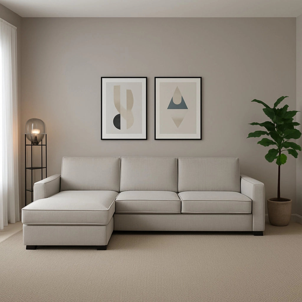 Divano fisso Sodalite, Divano ad angolo, Made in Italy, SofÒ  Soggiorno con, penisola contenitore Sinistra, con Braccioli slim, cm 260x95h90, Grigio