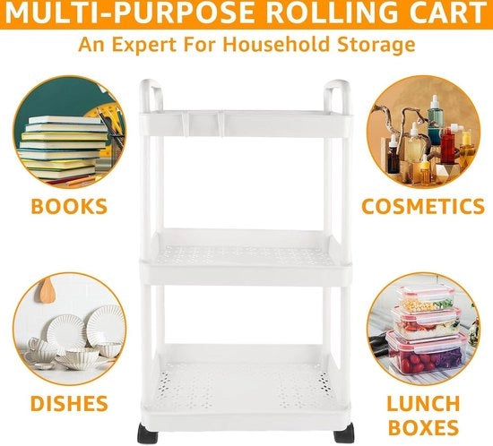Set di 2 carrelli 3 livelli bianchi multifunzionali con ruote per cucina, bagno, angolo cottura, camera da letto 41 x 25 x 75 cm carrello da cucina