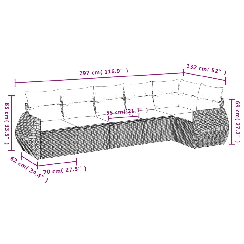 Set Divano da Giardino 6pz con Cuscini Grigio Chiaro Polyrattan