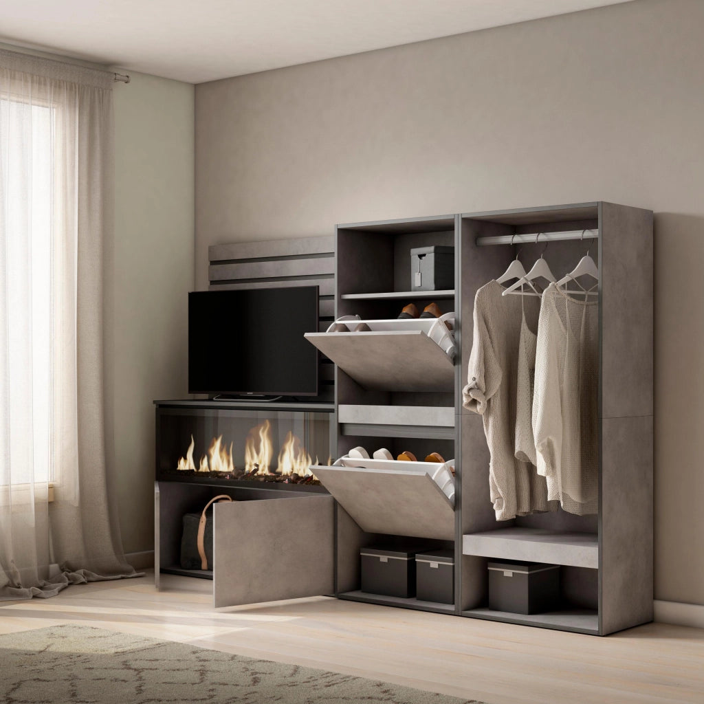 Credenza, 227x35x145cm, Camera da letto, Camino elettrico XXL, Scarpiera, Armadio Aperto, grigio cemento RF3392