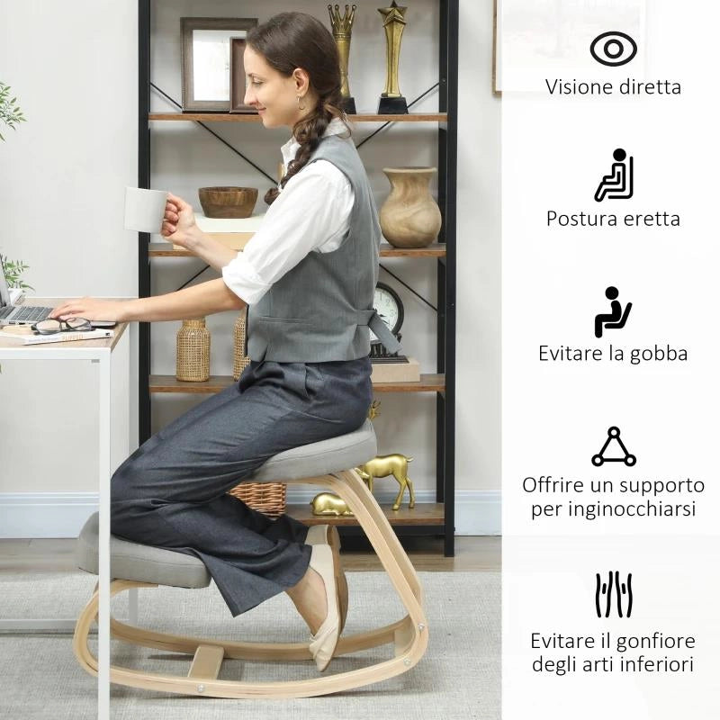 SEDIA INGINOCCHIATOIO CON MOVIMENTO A DONDOLO, IN TESSUTO E LEGNO DI BETULLA, 50X73X55 CM, GRIGIO