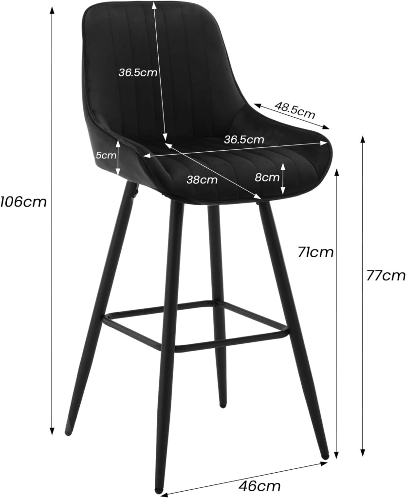 2 Sgabelli Alti da Bar con Schienale, Sedie Moderne con Poggiapiedi Quadrato, Sedie in Velluto Ergonomiche per Bistrot, Altezza Sedile 71cm, Gmabe in Metallo, Nero, BH394sz-2