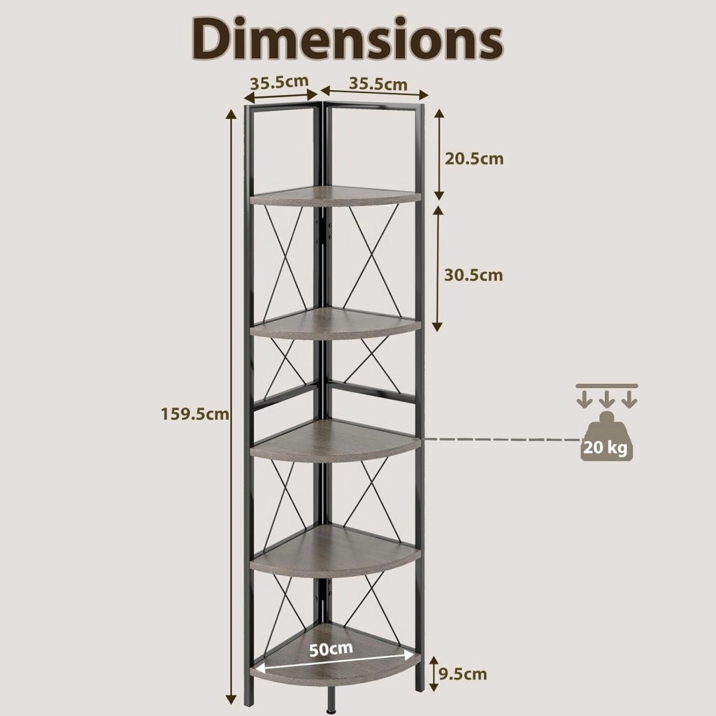 Mensola Angolare a 5 Ripiani, Scaffale Industriale con Struttura, Unità di Stoccaggio Multiuso per Soggiorno, Camera da Letto e Cucina, Marrone/Grigio (Grigio Rovere)