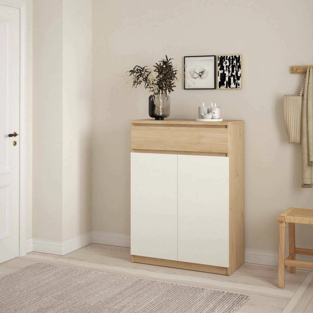 Scarpiera Angilops, Mobile portascarpe, Armadio da ingresso multiuso, Mobiletto per calzature, 80x40 h111 cm, Rovere e Bianco
