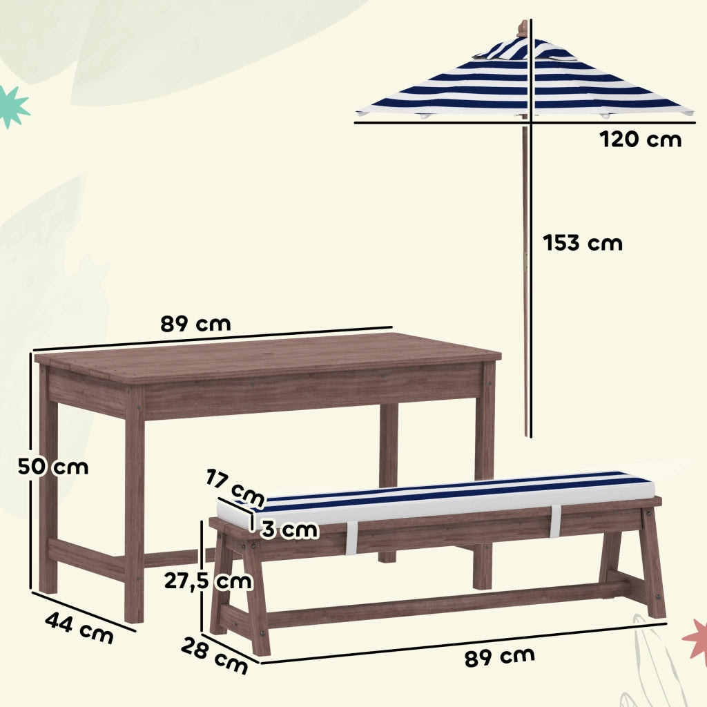 Set Tavolo e Panche da Giardino per Bambini in Legno di Abete con Ombrellone 120 cm e Cuscini a Righe Bianco e Blu Navy Robusto