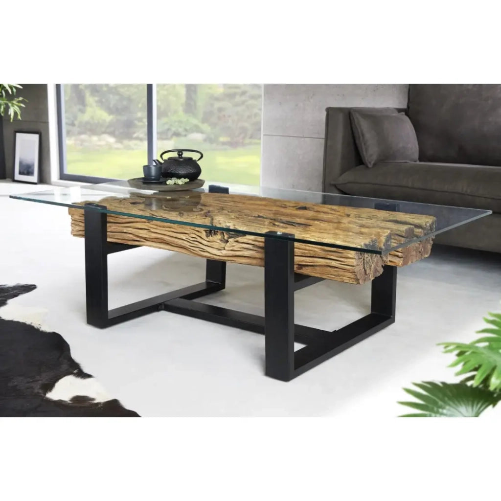 Tavolino basso RAFTA 130 cm in teak riciclato con vetro temperato – Gambe in metallo nero a U