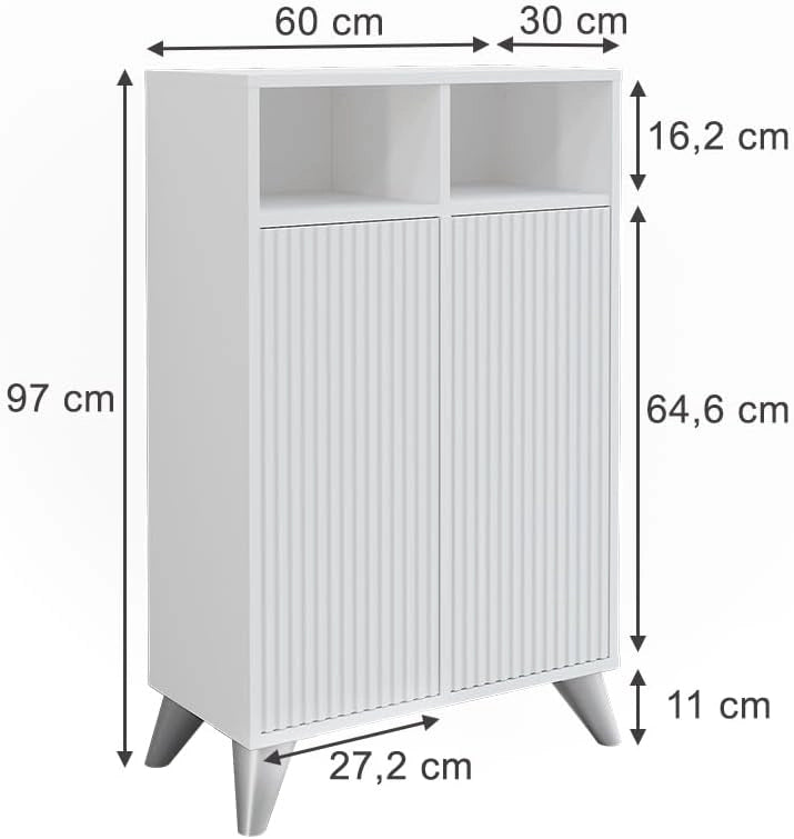 Mobiletto midi Leano, Bianco, 60 x 97 cm con 2 porte, adatto per la conservazione di articoli da bagno e asciugamani