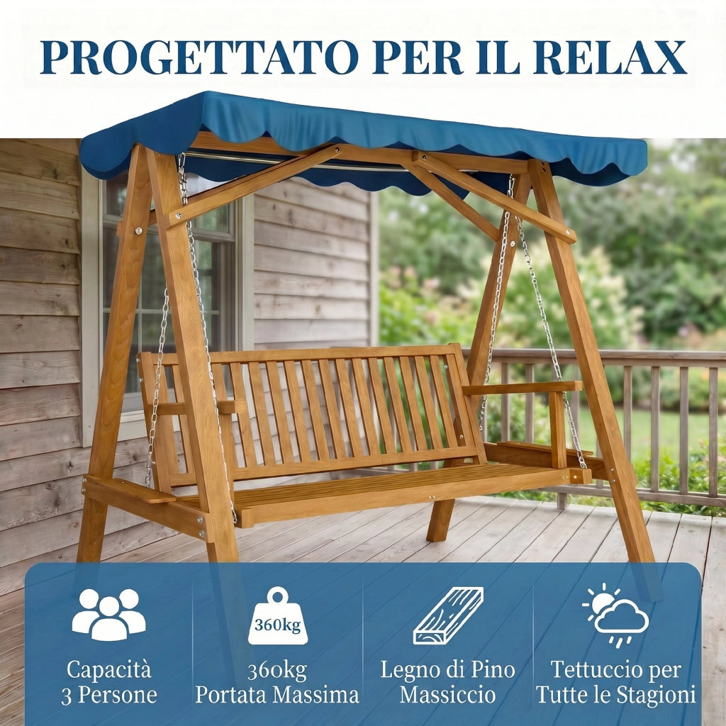 Dondolo da Giardino 3 Posti in Legno con Baldacchino ¨C zephmum ¨C 210x130x185cm