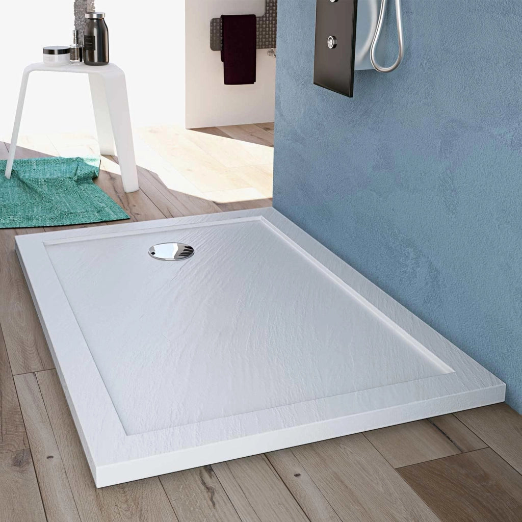 Piatto Doccia Slim 80x140x4 cm Rettangolare Acrilico Bordato Bianco Effetto Pietra mod. Flower