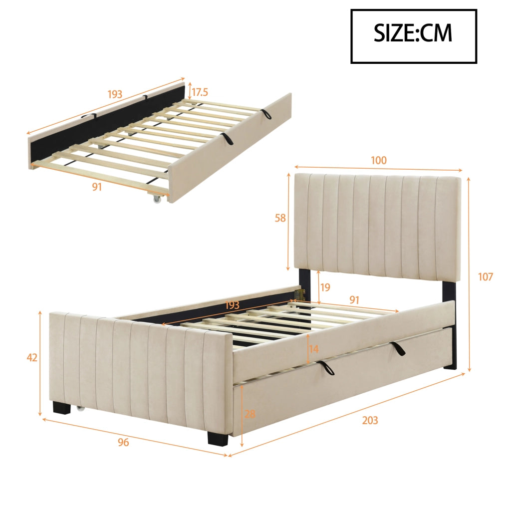 OKWISH Letto Estraibile 90×190 cm, Letto Singolo con Testiera Imbottita, Senza Materasso, in Velluto, Beige