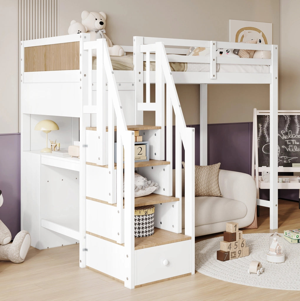 Letto a castello multifunzione con scrivania, scala contenitore e 3 cassetti