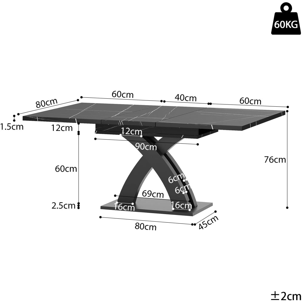Tavolo da pranzo estensibile 120x80x76 cm; piano allungabile fino a 160 cm; MDF e metallo nero