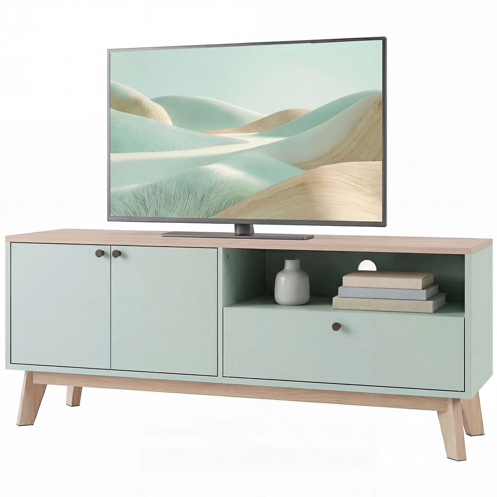 Mobile TV 120 cm con 2 ante, cassetto e ripiano ¨C zephmum ¨C verde chiaro