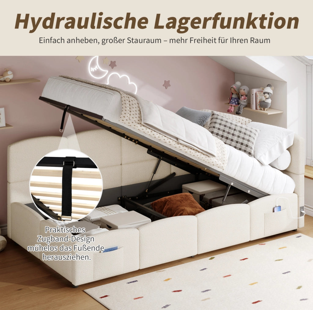 Divano letto con contenitore idraulico; USB-A/USB-C; Bouclé; Beige; 90x200 cm