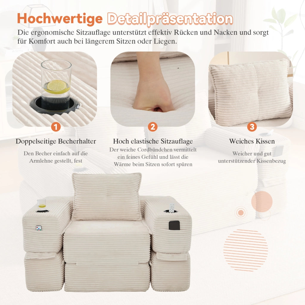 Divano Letto Pieghevole ¨C MINIMAL ¨C Tessuto a Coste, Schiuma Alta Densit¨¤, Bracciolo con Zip