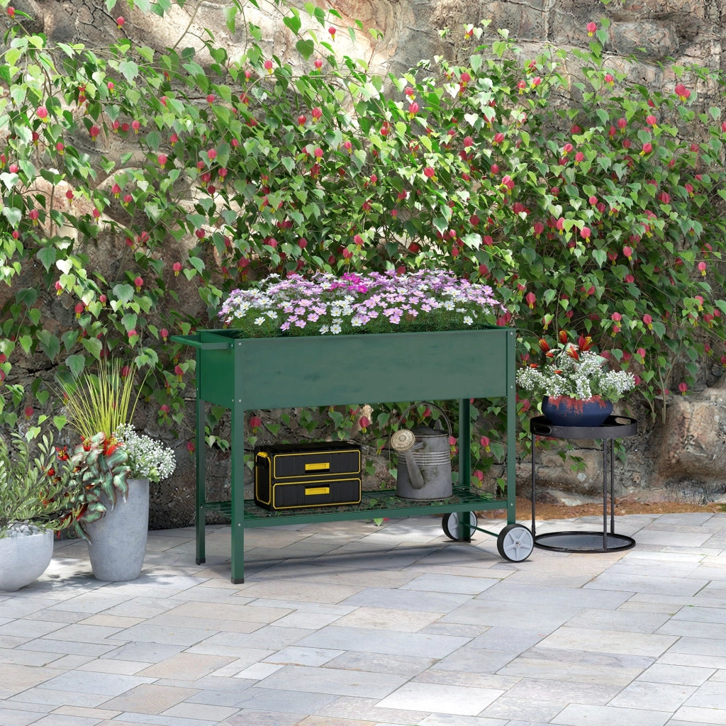 Fioriera da Esterno con Mensola Inferiore Portautensili 109x44x80 cm in Metallo Verde