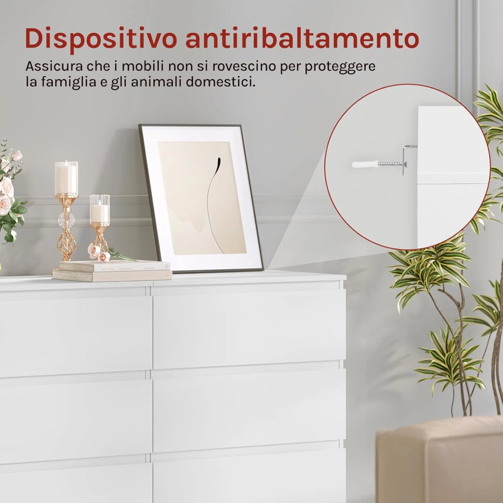 Comò Bianco per Camera da Letto, Cassettiera 4 Cassetti in Legno, Mobile Contenitore per Soggiorno o Ingresso, Dimensioni 60x40x90 cm, KMD004ws