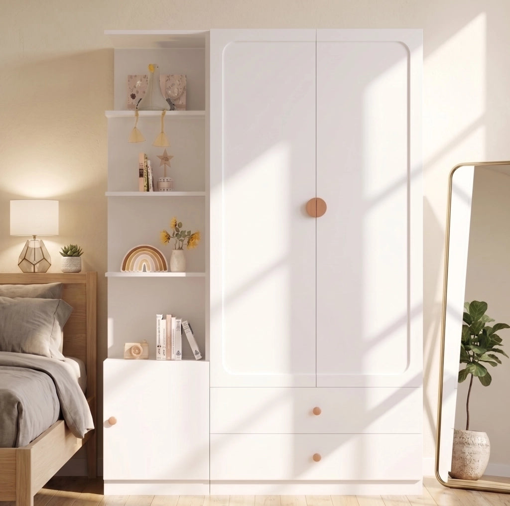 Armadio guardaroba bianco 200 x 135 x 45 cm con 2 aste e 2 cassetti
