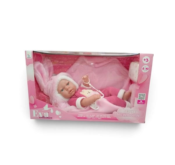 Bambolotto,Eva Collection, con pigiama rosa i e copertina rosa con orecchie,Hungary Toy,eta 3+