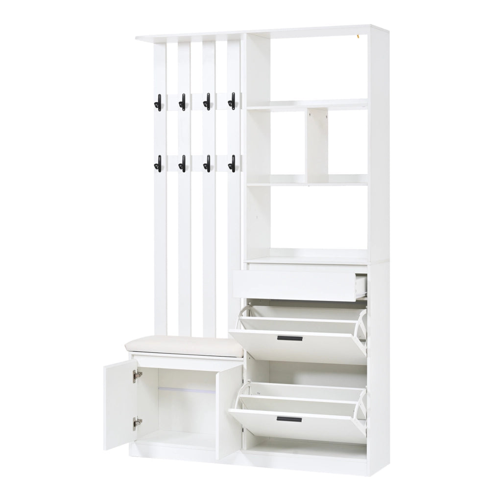 Guardaroba da ingresso 120x30x200 cm con panca imbottita e 10 ganci in MDF bianco