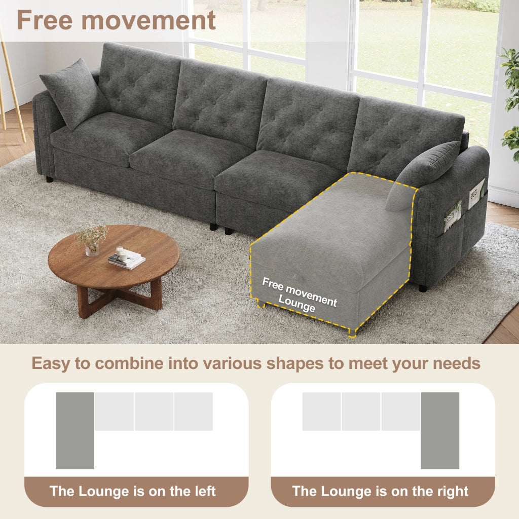 Divano angolare letto con vano contenitore e configurazione reversibile in velluto grigio
