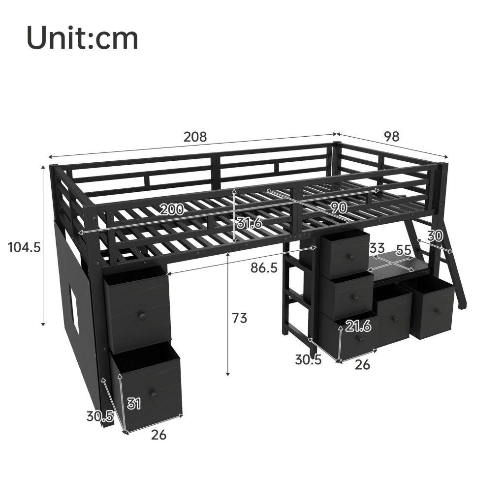 Letto a soppalco basso 208x98x104.5 cm con sponde di sicurezza; LED; metallo; nero