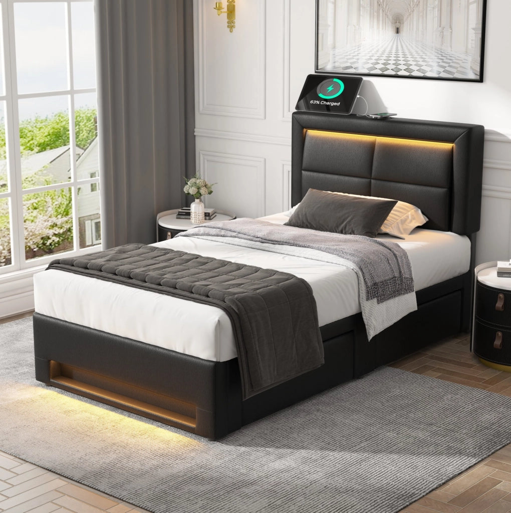 Letto imbottito 90x190 cm con USB; LED e 4 cassetti; PU nero