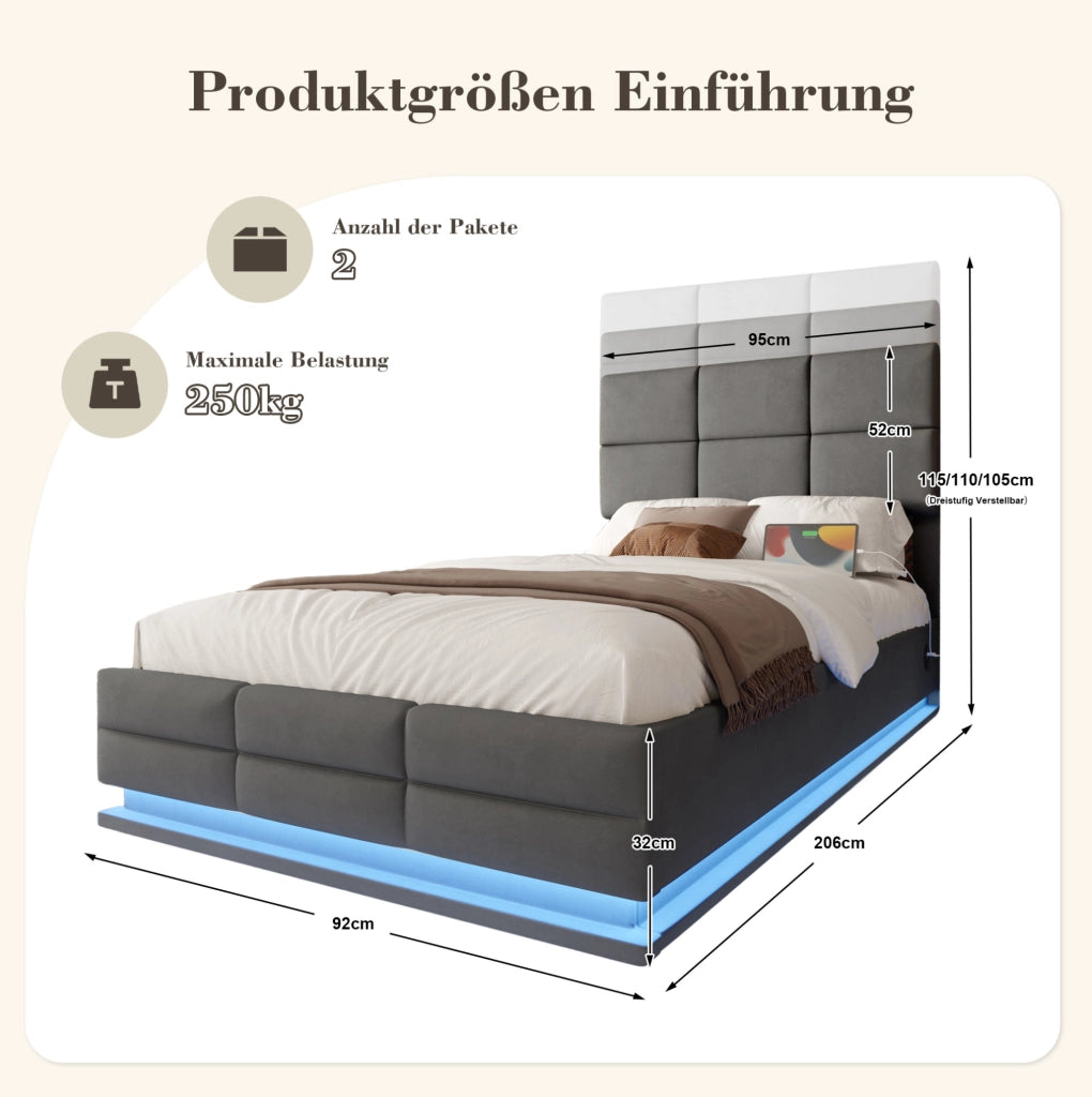 Letto 90x200 cm con testiera regolabile; LED; USB e contenitore in velluto grigio scuro