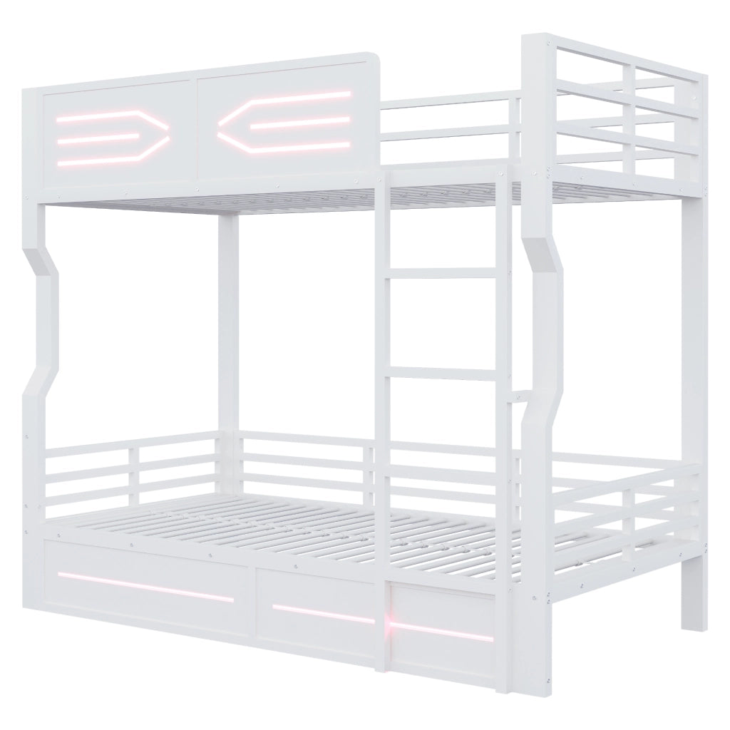 Letto a castello per bambini 90x200 cm con striscia LED; linee moderne e parapetti alti; metallo bianco