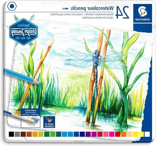 Pastelli Acquosi Classici Forma a Sei Angoli per Effetti Aquarelli su Carta Aquarello - 24 Colori Chiari in Cassetta Metallica