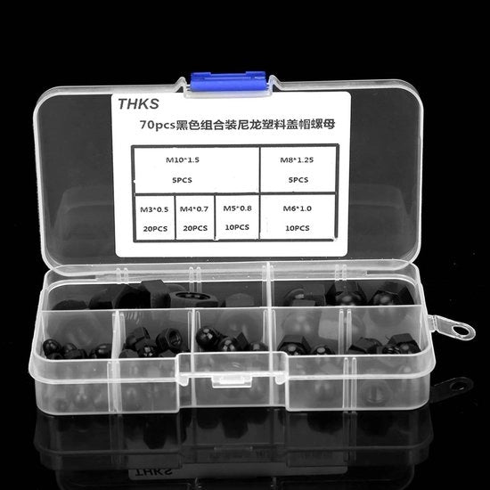 Set di viti nylon a 5 facce - M3/M4/M5/M6/M8/M10 - 70 pezzi - Nero - Materiale di alta qualità - Previene la perdita - Viti a 5 facce